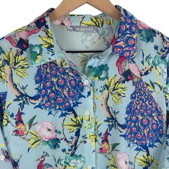 Milan Kiss Womens Floral Peacock Button-Up Blouse Size M Made in Turkey - Picture 2 of 7